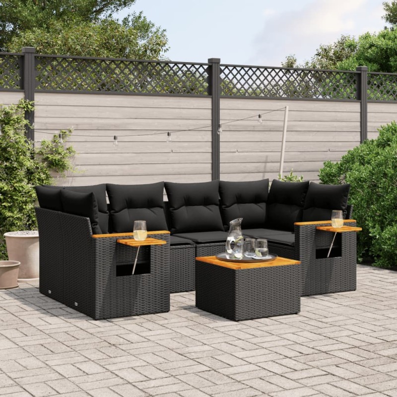 7-tlg. Garten-Sofagarnitur mit Kissen Schwarz Poly Rattan