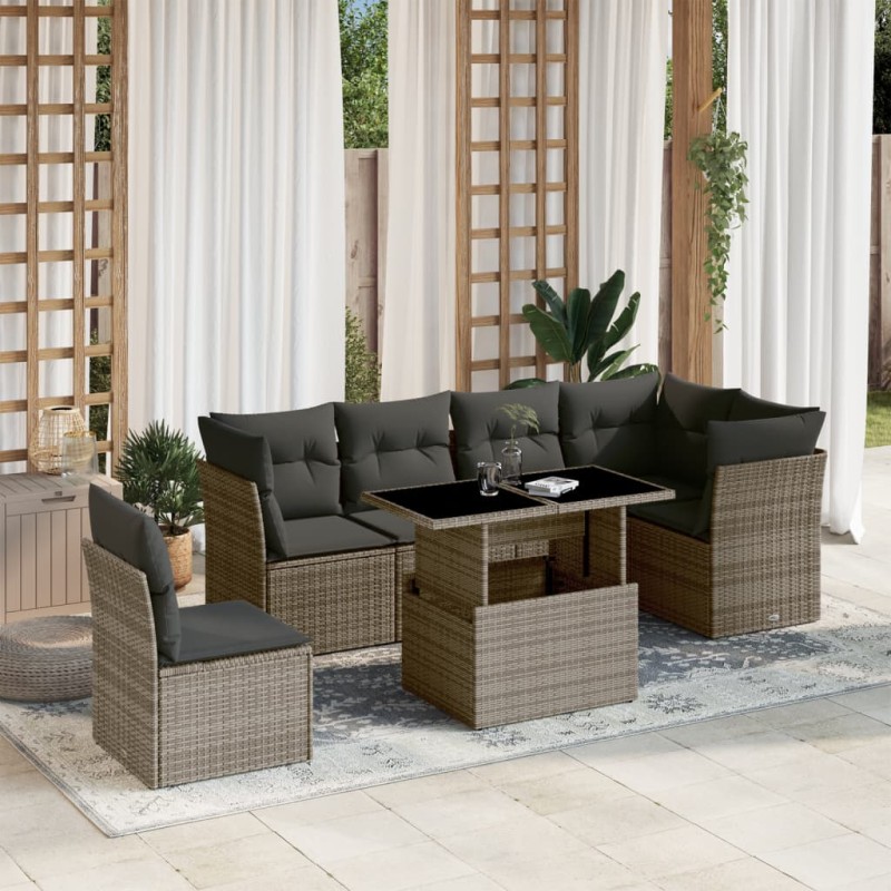 7-tlg. Garten-Sofagarnitur mit Kissen Grau Poly Rattan