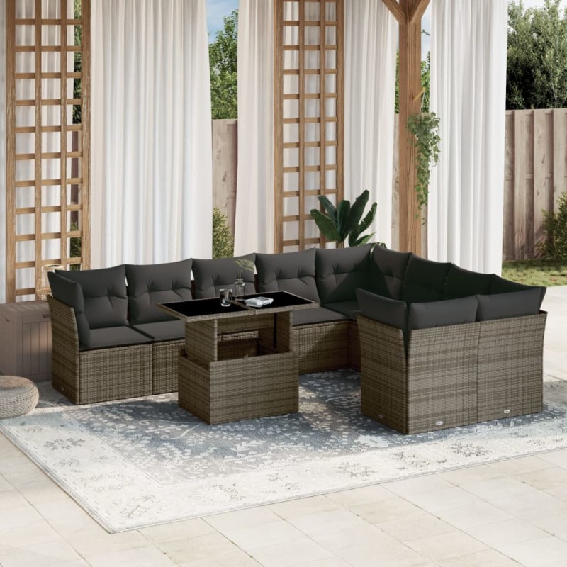 10-tlg. Garten-Sofagarnitur mit Kissen Grau Poly Rattan