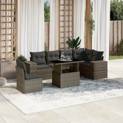 7-tlg. Garten-Sofagarnitur mit Kissen Grau Poly Rattan