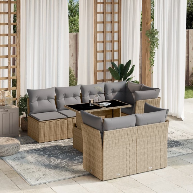 8-tlg. Garten-Sofagarnitur mit Kissen Beige Poly Rattan