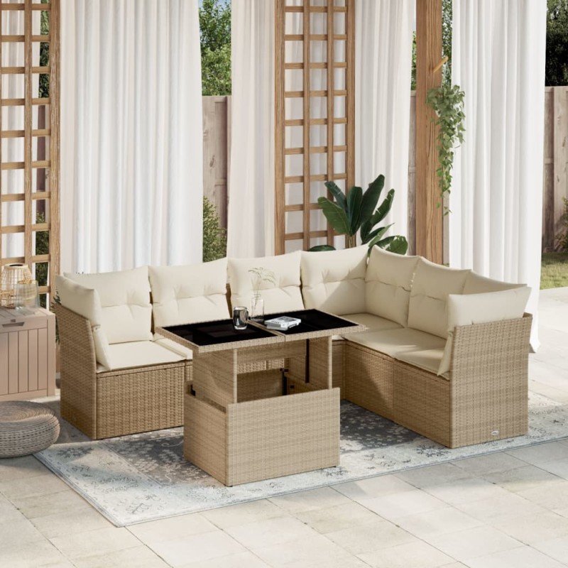 7-tlg. Garten-Sofagarnitur mit Kissen Beige Poly Rattan