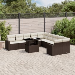 11-tlg. Garten-Sofagarnitur mit Kissen Braun Poly Rattan