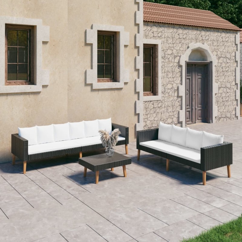 3-tlg. Garten-Lounge-Set mit Kissen Poly Rattan Schwarz