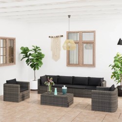 7-tlg. Garten-Lounge-Set mit Kissen Poly Rattan Grau