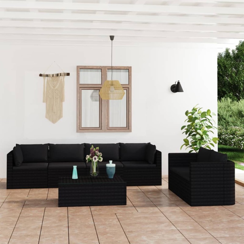 7-tlg. Garten-Lounge-Set mit Kissen Poly Rattan Schwarz