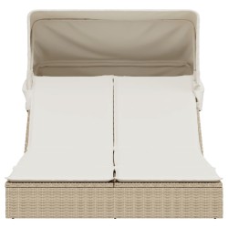 Doppel-Sonnenliege mit Dach und Auflagen Beige Poly Rattan