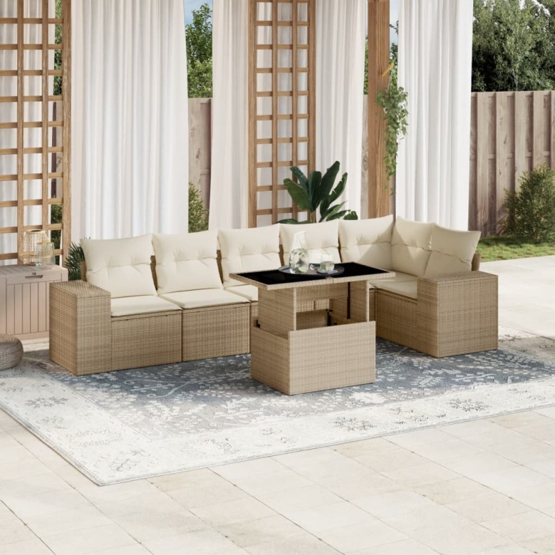 7-tlg. Garten-Sofagarnitur mit Kissen Beige Poly Rattan