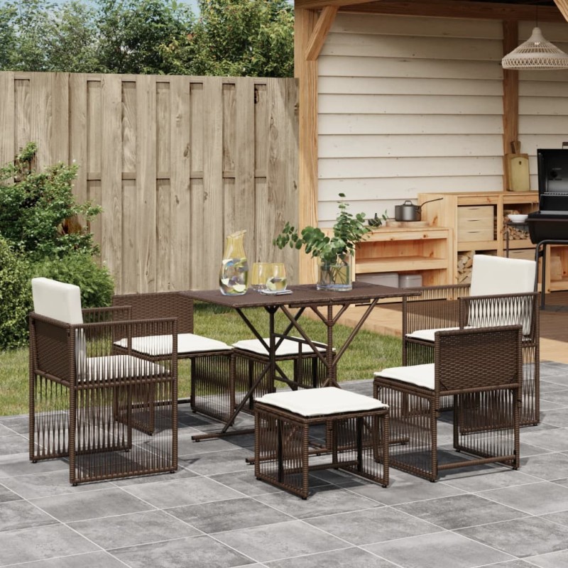 7-tlg. Garten-Essgruppe mit Kissen Braun Poly Rattan