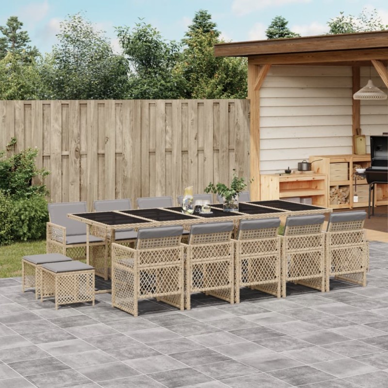 15-tlg. Garten-Essgruppe mit Kissen Beige Poly Rattan