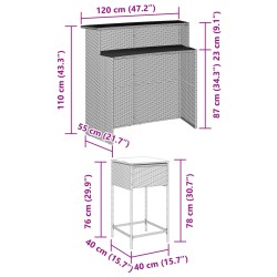 3-tlg. Gartenbar-Set mit Kissen Braun Poly Rattan