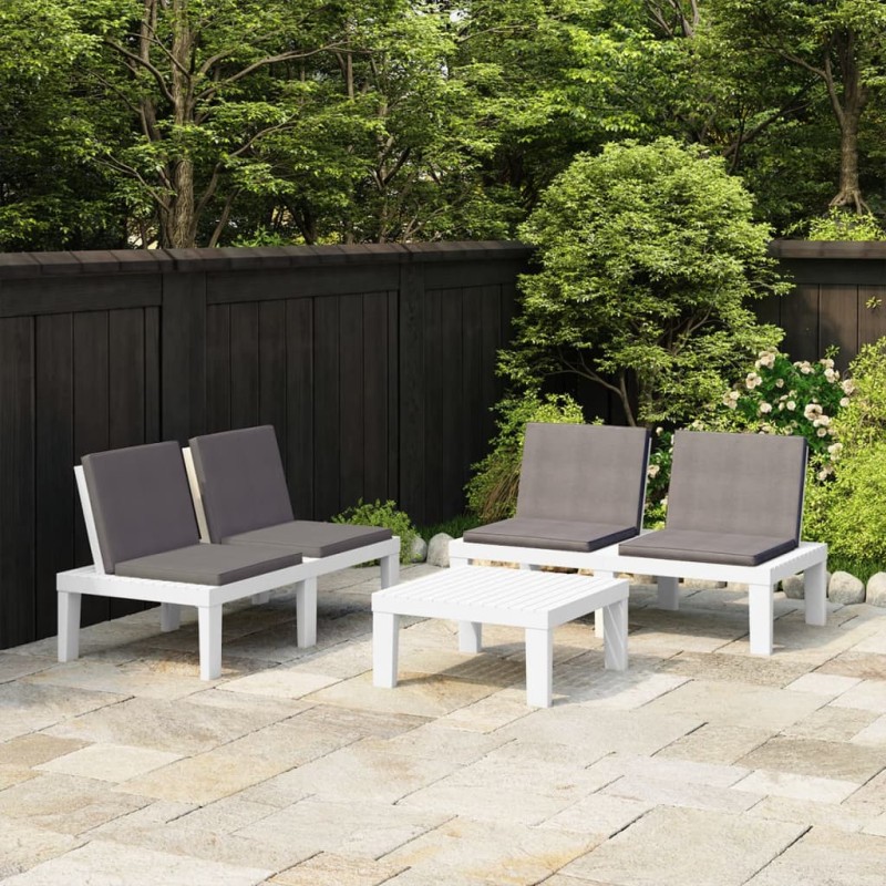 3-tlg. Garten-Lounge-Set mit Kissen Kunststoff Weiß