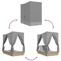 Doppel-Sonnenliege mit Dach und Vorhängen Beige Poly Rattan