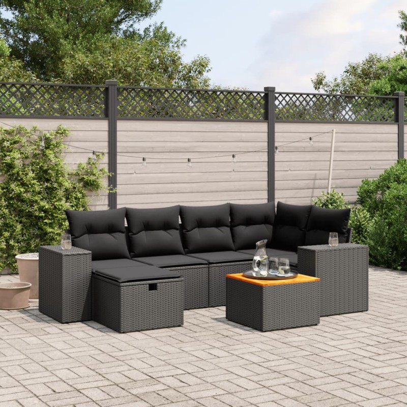 7-tlg. Garten-Sofagarnitur mit Kissen Schwarz Poly Rattan