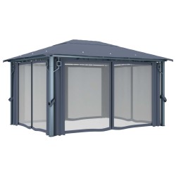 Pavillon mit Vorhängen & LED-Lichterkette 4x3 m Anthrazit Alu