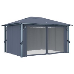 Pavillon mit Vorhängen & LED-Lichterkette 4x3 m Anthrazit Alu