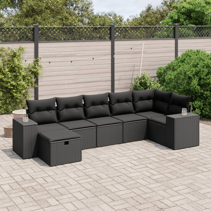 7-tlg. Garten-Sofagarnitur mit Kissen Schwarz Poly Rattan