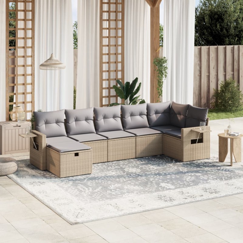 7-tlg. Garten-Sofagarnitur mit Kissen Beige Poly Rattan