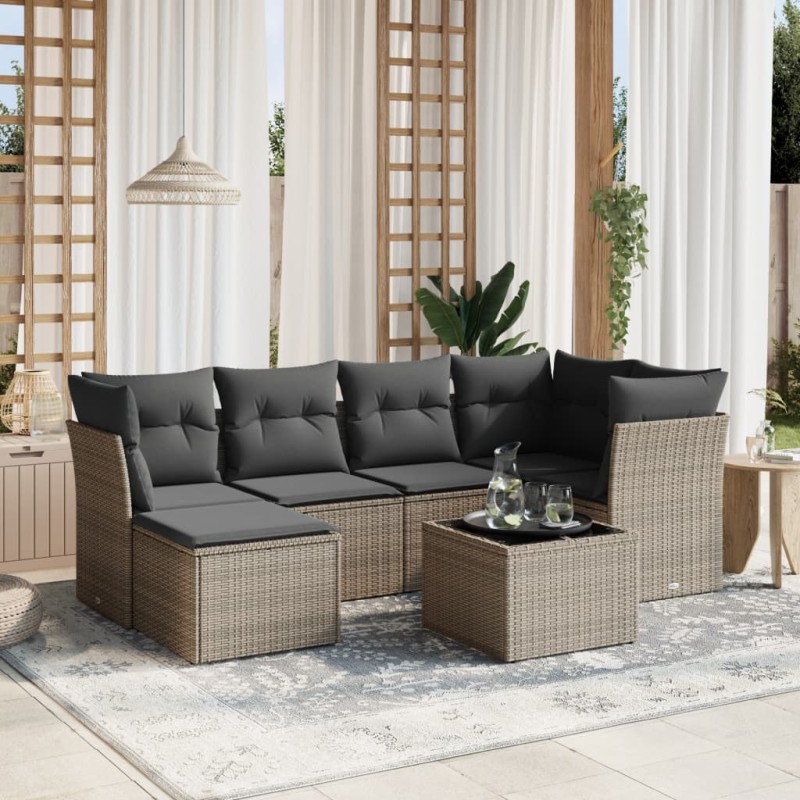 7-tlg. Garten-Sofagarnitur mit Kissen Grau Poly Rattan