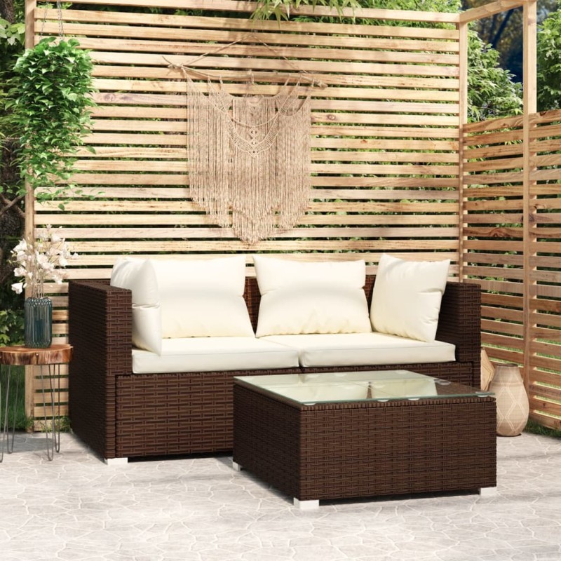 3-tlg. Garten-Lounge-Set mit Kissen Braun Poly Rattan