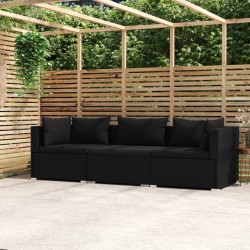 3-Sitzer-Sofa mit Kissen Schwarz Poly Rattan