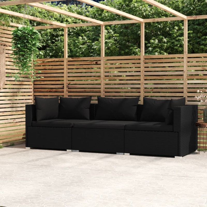 3-Sitzer-Sofa mit Kissen Schwarz Poly Rattan