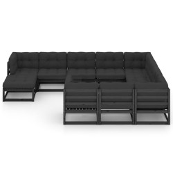 11-tlg. Garten-Lounge-Set mit Kissen Schwarz Kiefer Massivholz