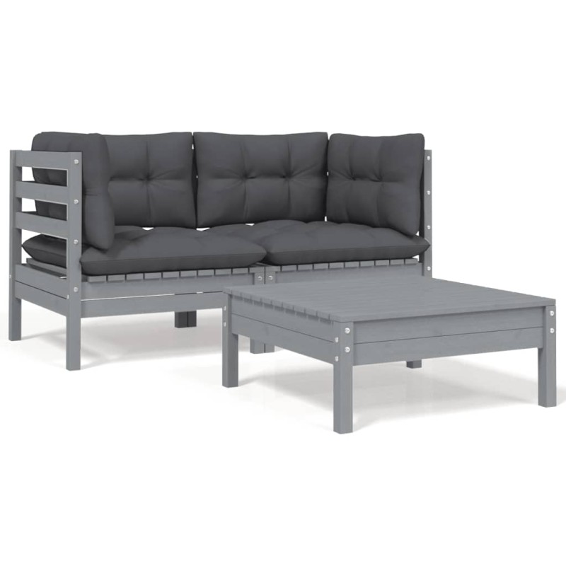 3-tlg. Garten-Lounge-Set mit Kissen Grau Kiefer Massivholz