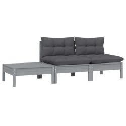 3-tlg. Garten-Lounge-Set mit Kissen Grau Kiefer Massivholz