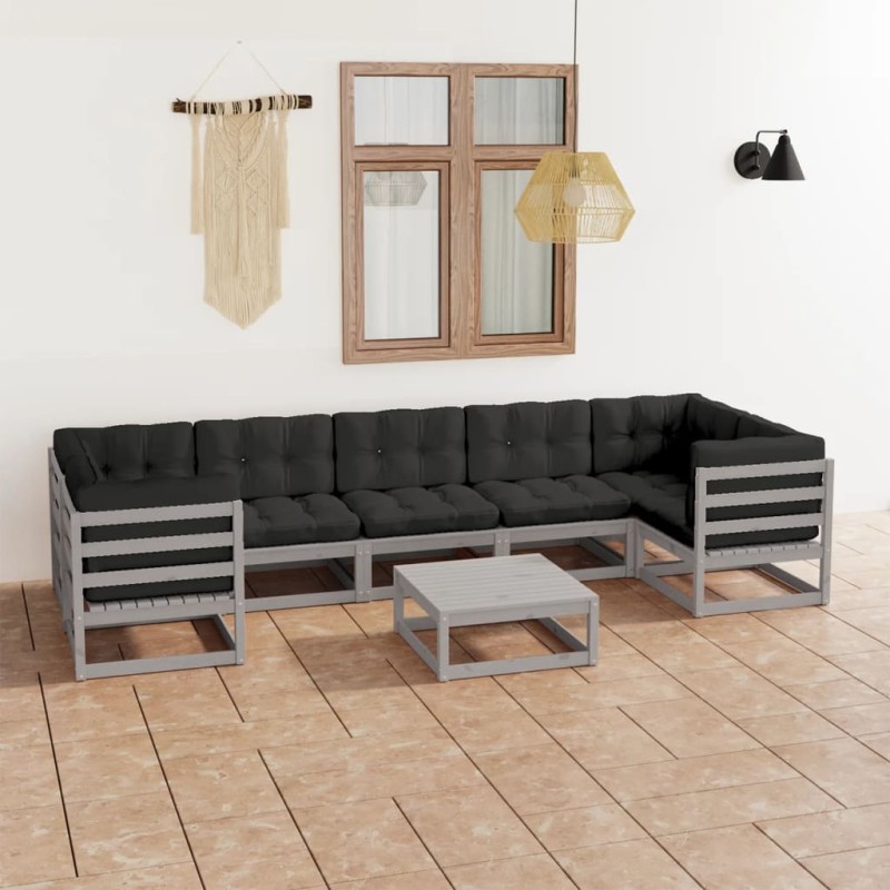 8-tlg. Garten-Lounge-Set mit Kissen Grau Massivholz Kiefer