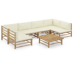 7-tlg. Garten-Lounge-Set mit Cremeweißen Kissen Bambus