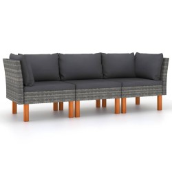 3-Sitzer-Gartensofa mit Kissen Grau Poly Rattan