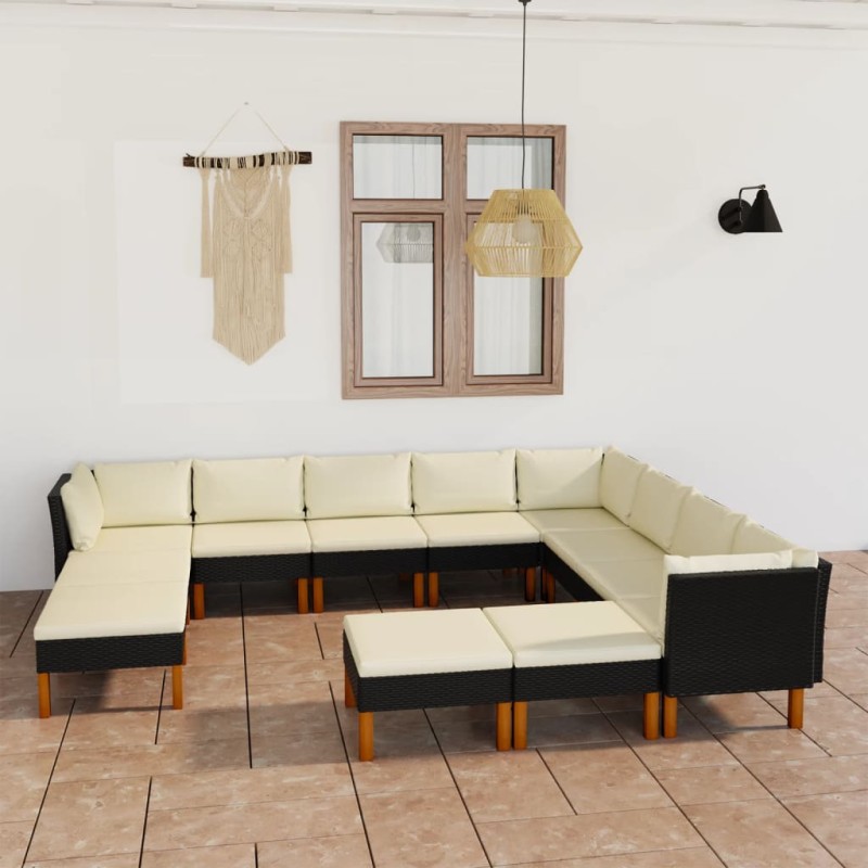 12-tlg. Garten-Lounge-Set mit Kissen Poly Rattan Schwarz