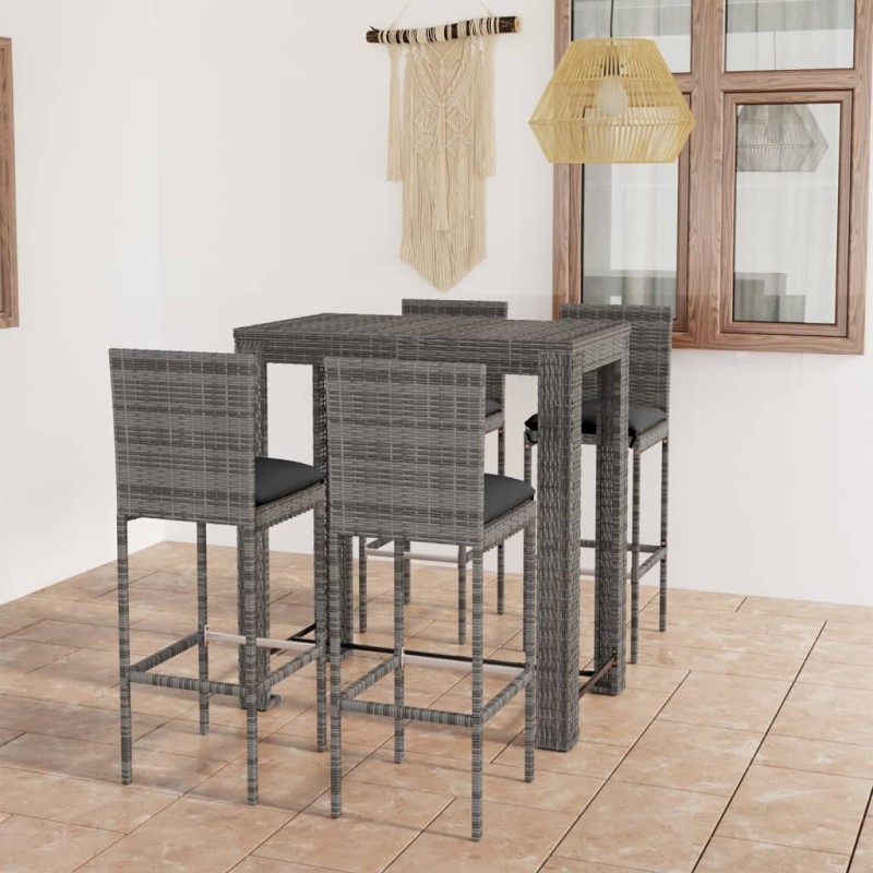 5-tlg. Gartenbar-Set mit Kissen Poly Rattan Grau