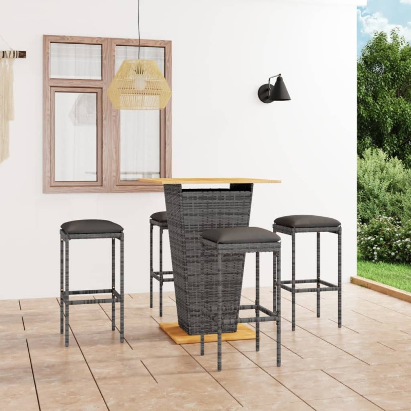 5-tlg. Gartenbar-Set mit Kissen Poly Rattan Grau