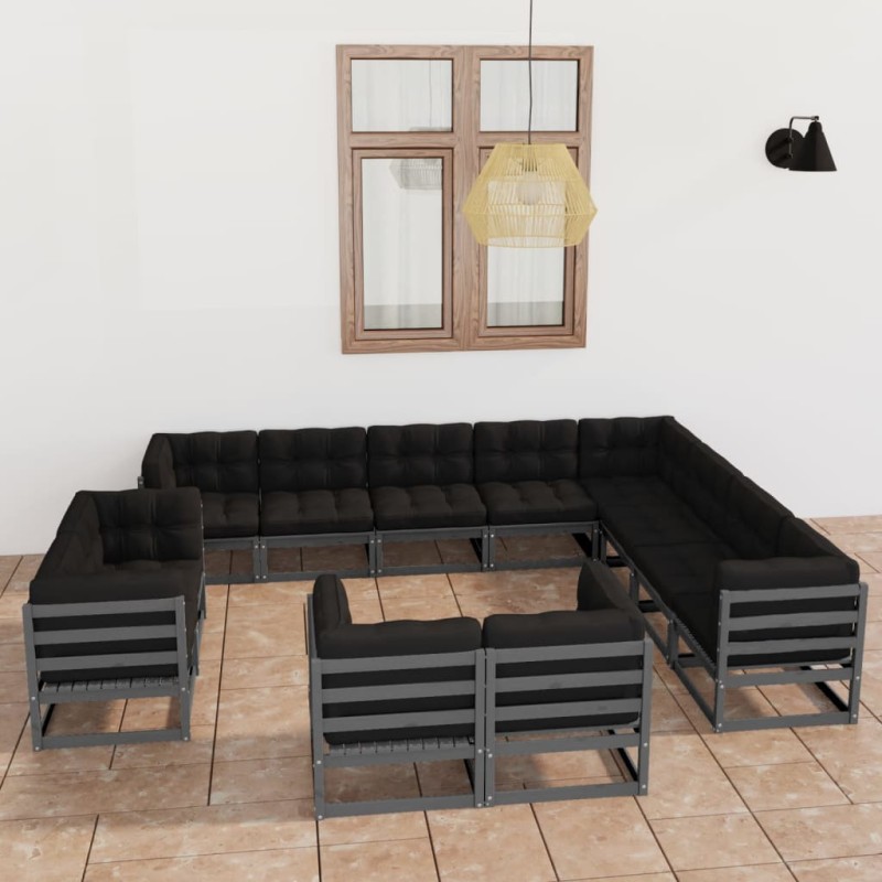 12-tlg. Garten-Lounge-Set mit Kissen Grau Massivholz Kiefer