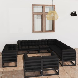 11-tlg. Garten-Lounge-Set mit Kissen Schwarz Kiefer Massivholz