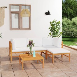 5-tlg. Garten-Lounge-Set mit Creme Kissen Massivholz Teak