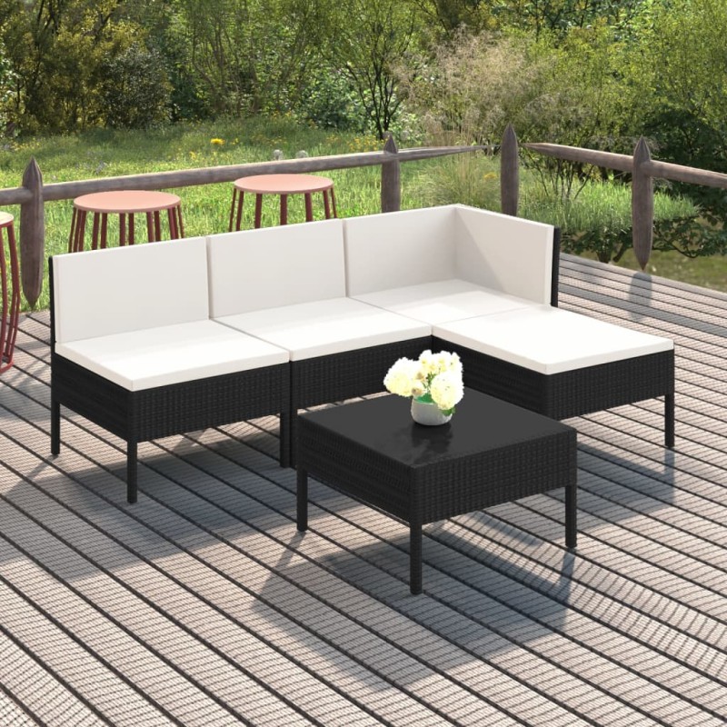 5-tlg. Garten-Lounge-Set mit Auflagen Poly Rattan Schwarz