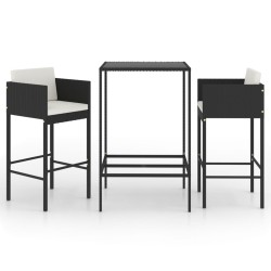 3-tlg. Gartenbar-Set mit Kissen Poly Rattan Schwarz