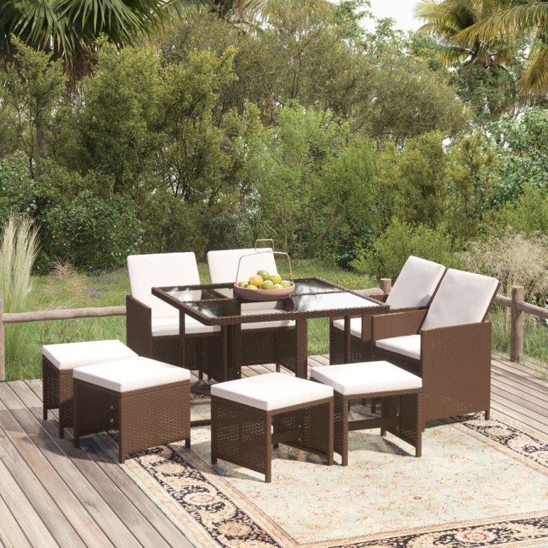 9-tlg. Garten-Essgruppe mit Kissen Poly Rattan Braun