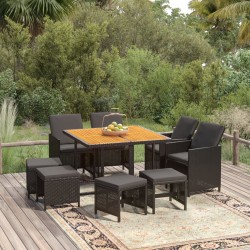 9-tlg. Garten-Essgruppe mit Kissen Poly Rattan Schwarz