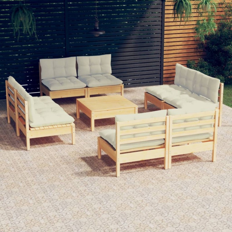 9-tlg. Garten-Lounge-Set mit Creme Kissen Kiefernholz