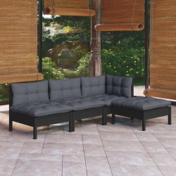 4-tlg. Garten-Lounge-Set mit Kissen Schwarz Kiefernholz