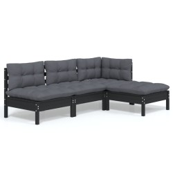 4-tlg. Garten-Lounge-Set mit Kissen Schwarz Kiefernholz