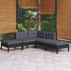 5-tlg. Garten-Lounge-Set mit Kissen Schwarz Kiefernholz