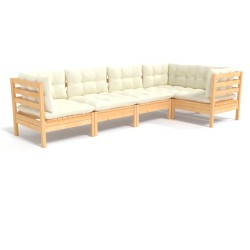 5-tlg. Garten-Lounge-Set mit Creme Kissen Kiefernholz