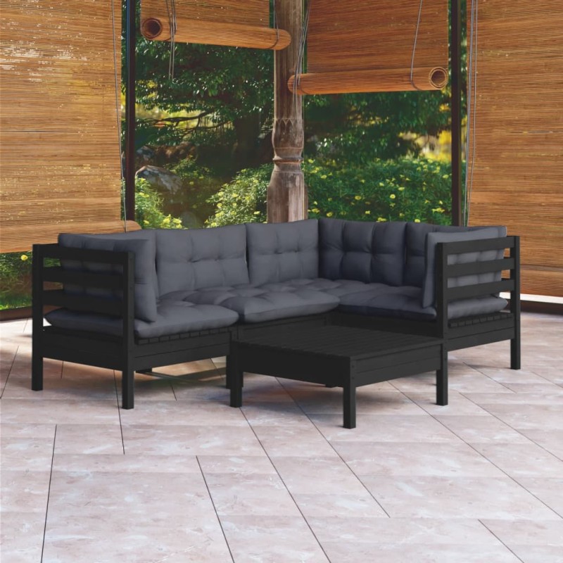 5-tlg. Garten-Lounge-Set mit Kissen Schwarz Kiefernholz