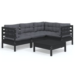 5-tlg. Garten-Lounge-Set mit Kissen Schwarz Kiefernholz