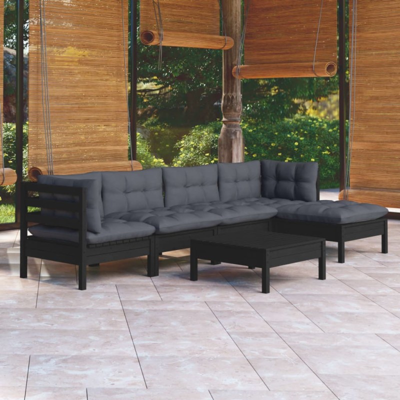 6-tlg. Garten-Lounge-Set mit Kissen Schwarz Kiefernholz